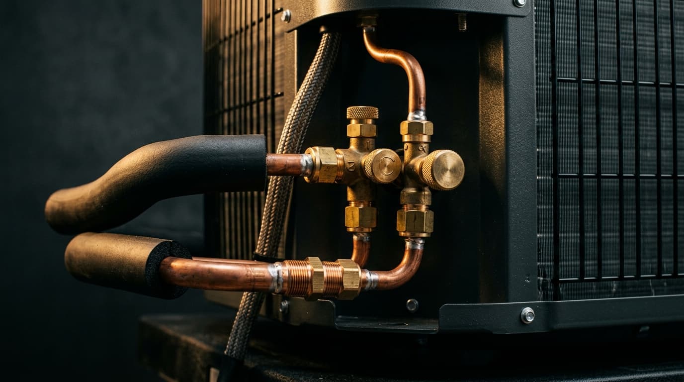 Premium high-SEER central air conditioning condenser detail with copper line set
