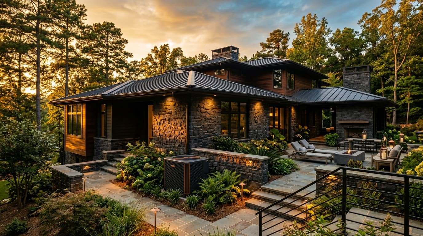 Premium home exterior in 35242 with brass-toned golden hour light