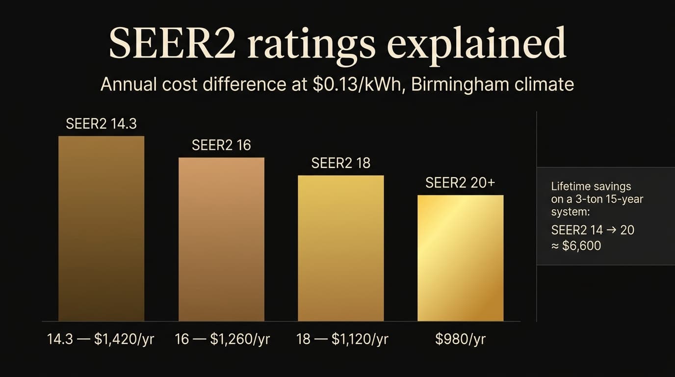 Bar chart showing SEER2 efficiency rating cost difference: SEER2 14.3 at $1,420 per year, SEER2 16 at $1,260 per year, SEER2 18 at $1,120 per year, SEER2 20+ at $980 per year, with lifetime savings on a 3-ton 15-year system from SEER2 14 to 20 of approximately $6,600 in Birmingham climate at 13 cents per kilowatt-hour.