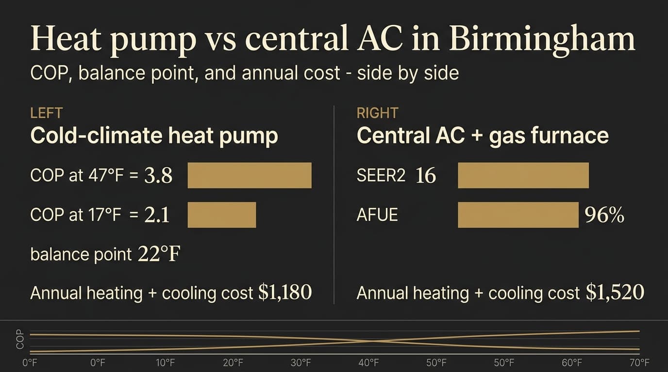 Two-column comparison chart of heat pump vs central AC plus gas furnace in Birmingham. Cold-climate heat pump shows COP 3.8 at 47°F, COP 2.1 at 17°F, balance point 22°F, annual heating and cooling cost $1,180. Central AC plus gas furnace shows SEER2 16, AFUE 96 percent, annual heating and cooling cost $1,520.
