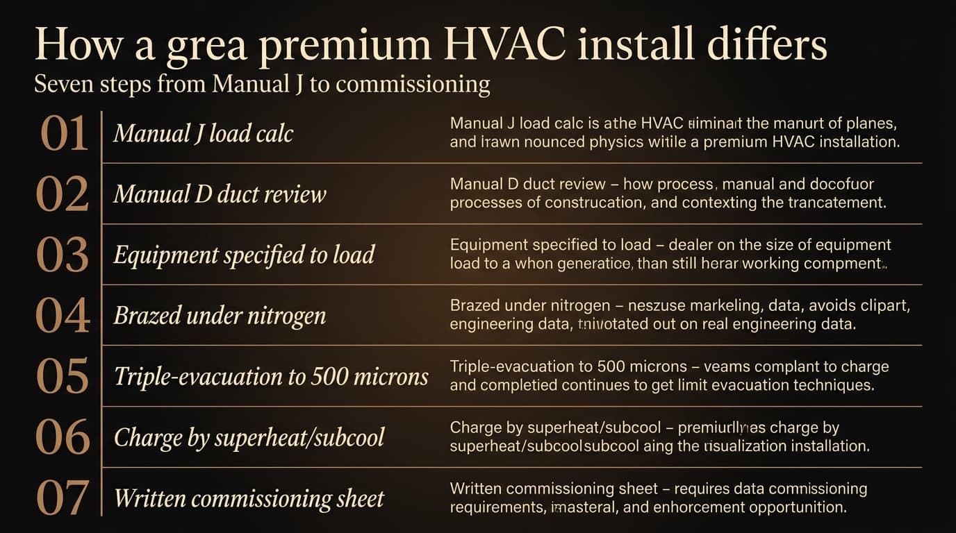 Vertical timeline showing the seven steps of a premium HVAC install — Manual J load calc, Manual D duct review, equipment specified to load, brazed under nitrogen, triple-evacuation to 500 microns, charge by superheat/subcool, written commissioning sheet.