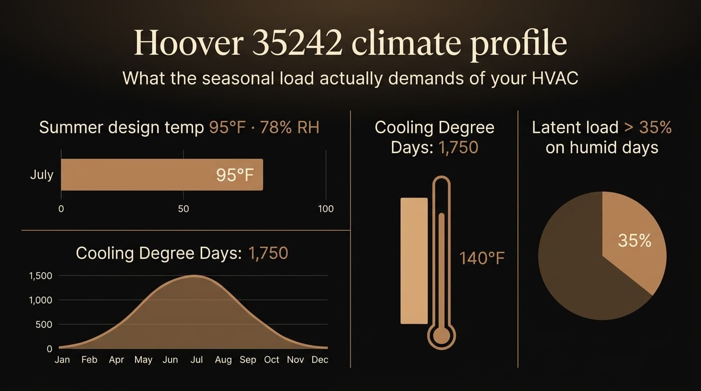 Hoover 35242 climate profile chart showing summer design temperature 95°F at 78% humidity, peak July CDD load, attic temperatures reaching 140°F, cooling degree days 1,750, and latent load over 35% on humid days.