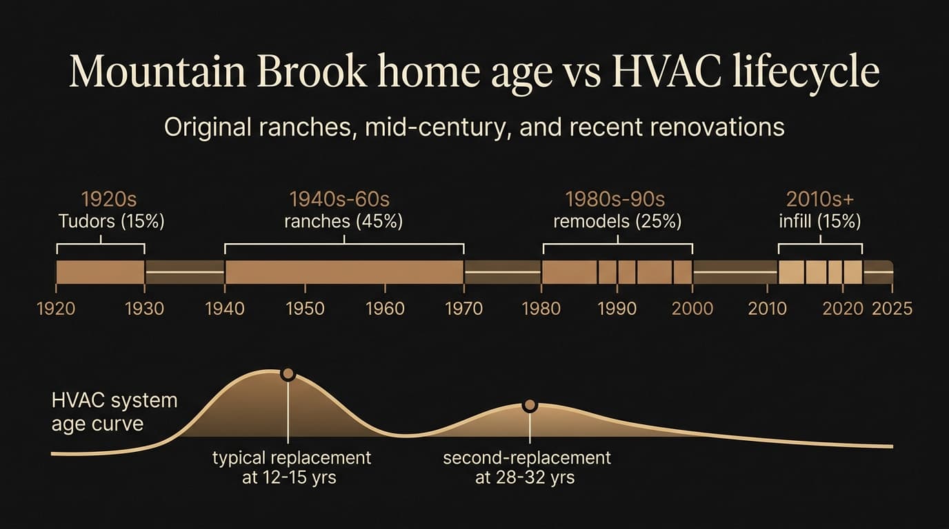 Mountain Brook housing stock and HVAC lifecycle chart showing 1920s Tudors at 15 percent, 1940s-60s ranches at 45 percent, 1980s-90s remodels at 25 percent, and 2010s+ infill at 15 percent of the housing distribution, with HVAC system age curve marking typical replacement at 12-15 years and second-replacement at 28-32 years.