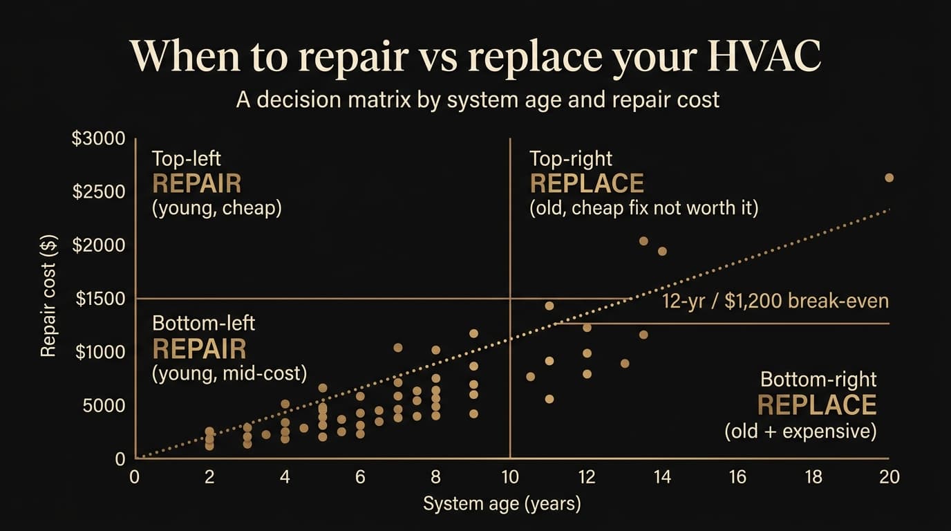 Decision matrix chart showing when to repair vs replace HVAC, plotted by system age (years) on the x-axis and repair cost (dollars) on the y-axis, with a 12-year and $1,200 break-even threshold.